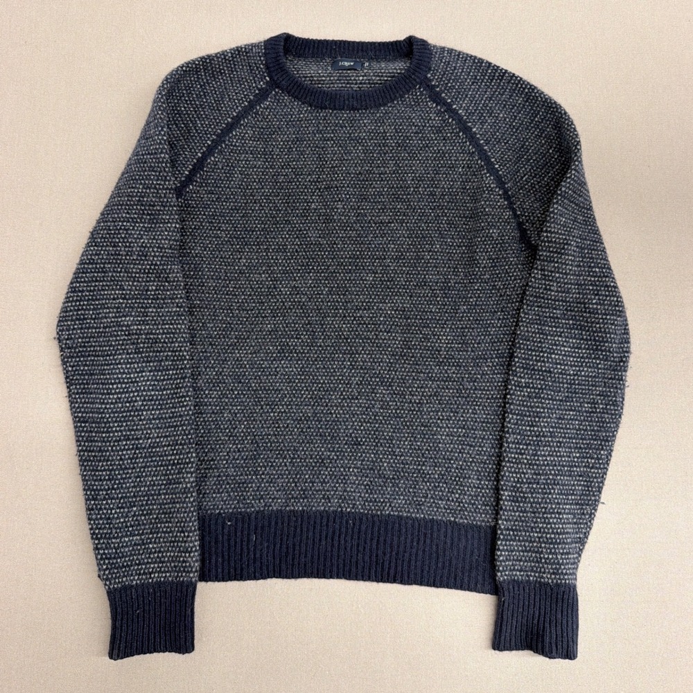 J.Crew Mens Navy Blue Birds Eye Knit Crewneck Raglan Sweater Size L